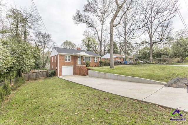 ranch-style home with fence, concrete driveway, a garage, brick siding, and a chimney