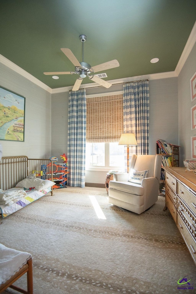 carpeted bedroom featuring recessed lighting, ceiling fan, and crown molding