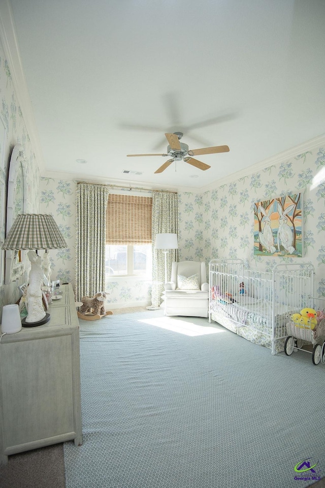 unfurnished bedroom featuring wallpapered walls, carpet flooring, visible vents, and ornamental molding