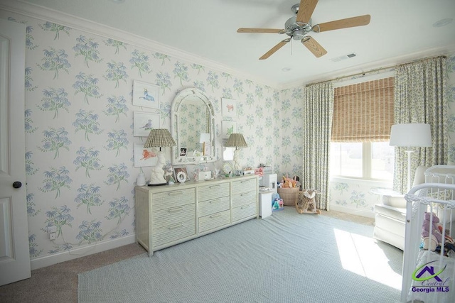 bedroom with visible vents, light colored carpet, ornamental molding, and wallpapered walls