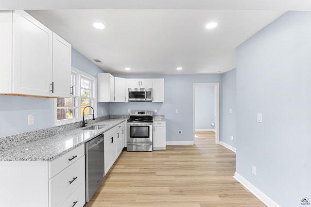 kitchen featuring a sink, stainless steel appliances, light wood-style floors, white cabinets, and baseboards