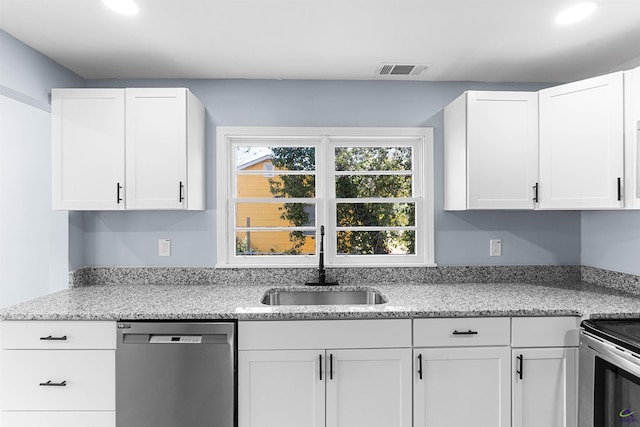 kitchen with a sink, white cabinets, visible vents, and stainless steel dishwasher