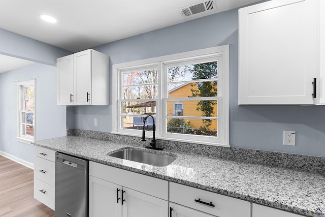 kitchen with light stone countertops, visible vents, white cabinetry, a sink, and dishwasher