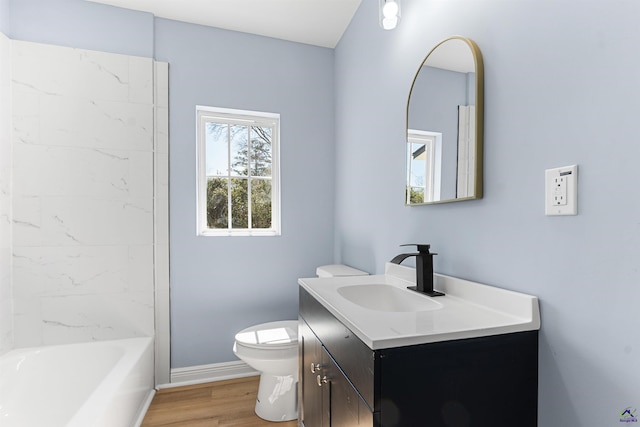 bathroom featuring toilet, vanity, baseboards, and wood finished floors