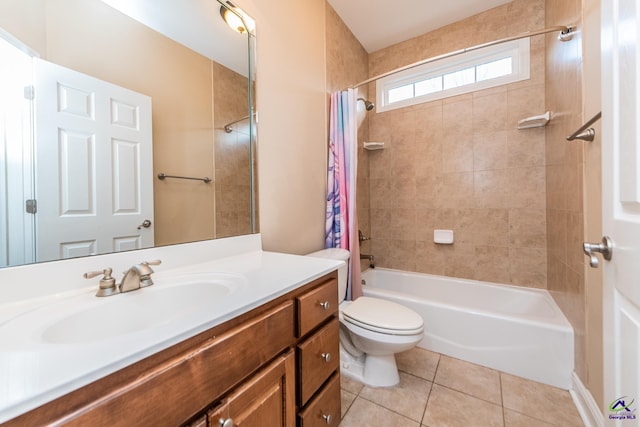 bathroom with tile patterned flooring, toilet, vanity, and shower / bathtub combination with curtain