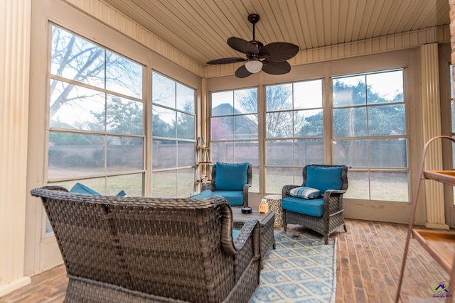 sunroom / solarium with wood ceiling, a healthy amount of sunlight, and ceiling fan