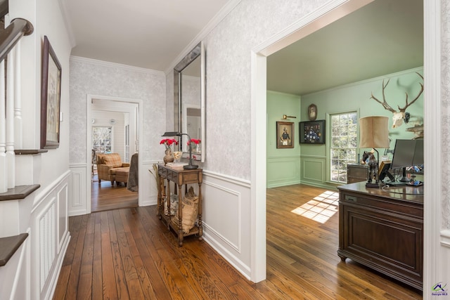 hallway featuring a wainscoted wall, dark wood-type flooring, crown molding, and a decorative wall