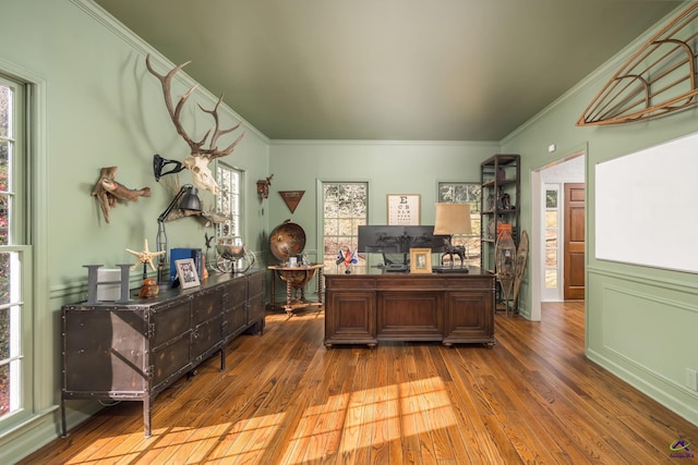 office featuring hardwood / wood-style floors and ornamental molding