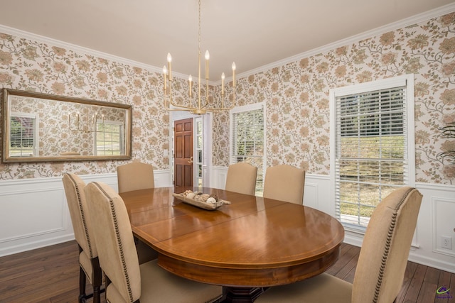 dining room featuring wallpapered walls, dark wood finished floors, wainscoting, and ornamental molding