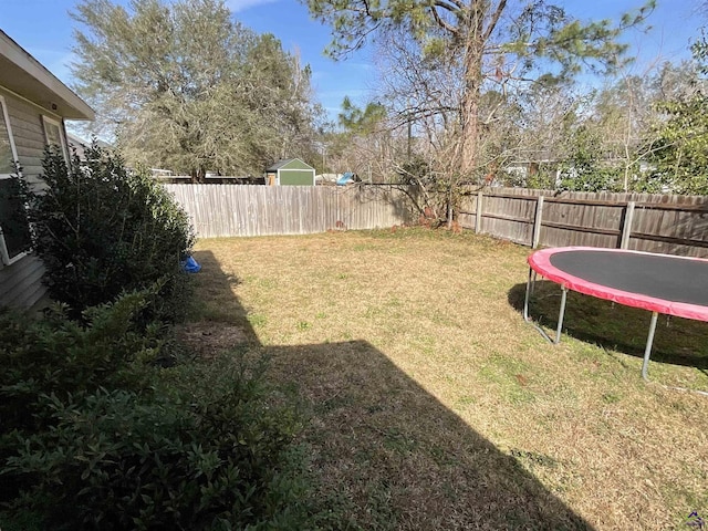 view of yard featuring a fenced backyard and a trampoline