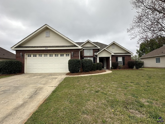 ranch-style house featuring a front lawn, brick siding, a garage, and driveway