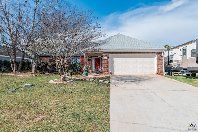 ranch-style home with brick siding, driveway, an attached garage, and a front lawn