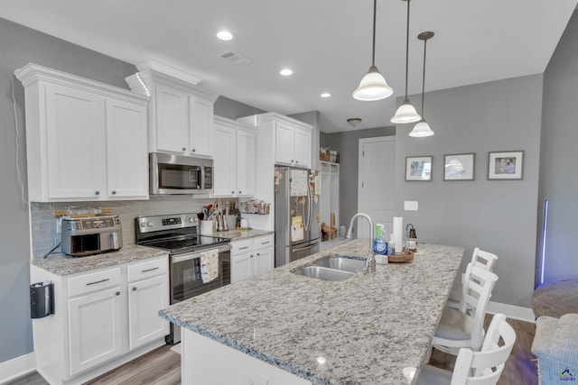 kitchen with visible vents, a kitchen island with sink, a sink, decorative backsplash, and stainless steel appliances