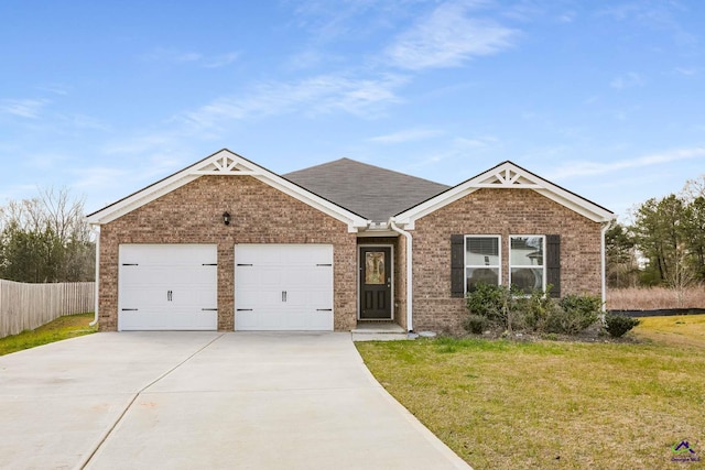 ranch-style house featuring concrete driveway, an attached garage, brick siding, and a front yard