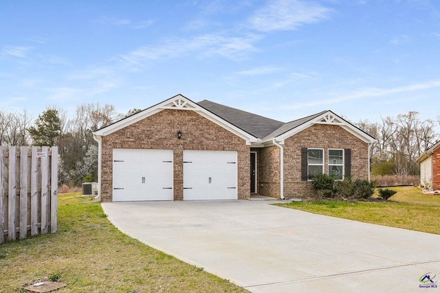 ranch-style house with central AC unit, concrete driveway, a front lawn, a garage, and brick siding