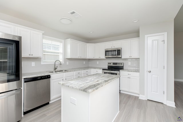 kitchen with visible vents, a sink, a kitchen island, stainless steel appliances, and white cabinets