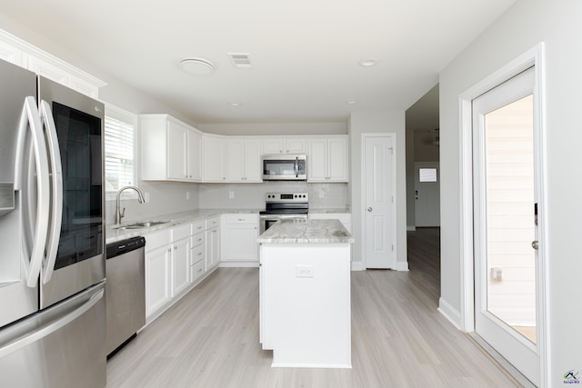 kitchen featuring a sink, backsplash, a center island, white cabinetry, and appliances with stainless steel finishes