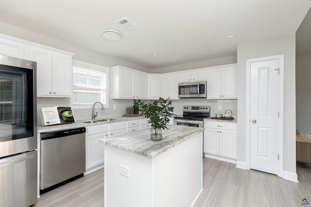 kitchen with visible vents, a kitchen island, a sink, appliances with stainless steel finishes, and white cabinetry