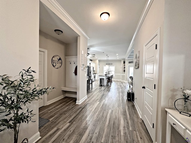 interior space featuring crown molding, dark wood-style floors, and baseboards