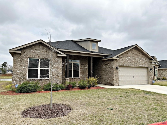 view of front of home featuring brick siding, a shingled roof, a front yard, driveway, and an attached garage