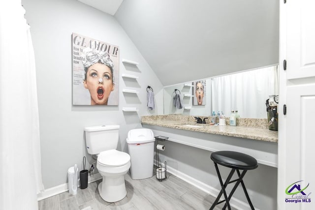 bathroom with vaulted ceiling, toilet, wood finished floors, and vanity