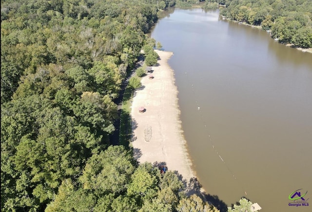 bird's eye view of a heavily wooded area and a nearby body of water