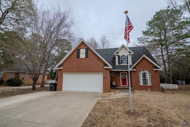 traditional home with an attached garage, brick siding, roof with shingles, and driveway