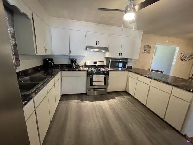 78 Duncan St, Fort Valley, GA 31030 - kitchen with appliances with stainless steel finishes, under cabinet range hood, dark wood-style flooring, a ceiling fan, and dark countertops