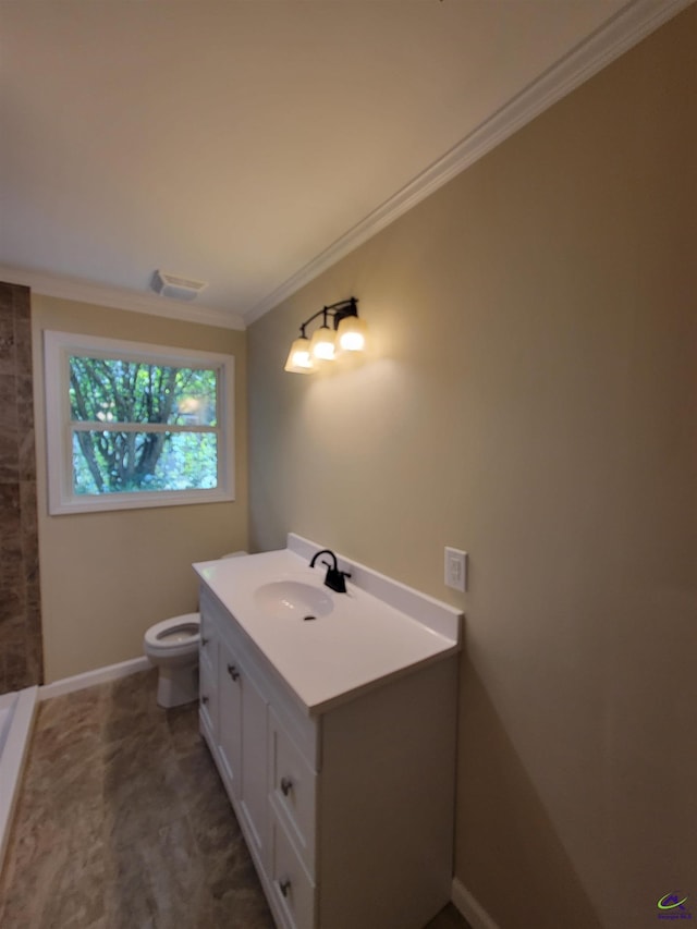 full bath featuring visible vents, crown molding, toilet, vanity, and tiled shower