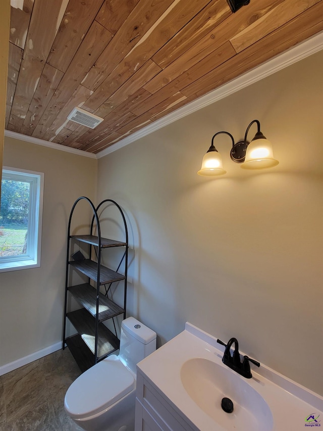 bathroom featuring toilet, wooden ceiling, vanity, visible vents, and ornamental molding