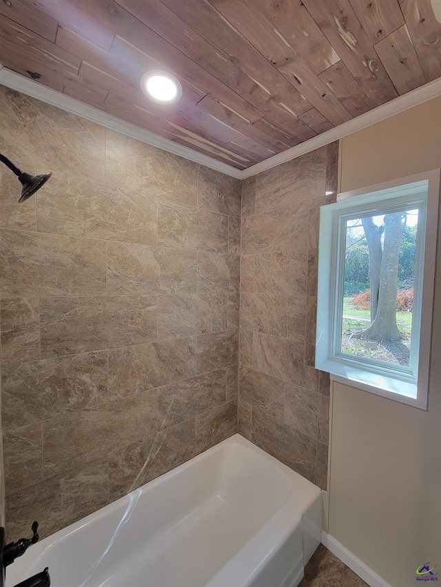 bathroom with  shower combination, crown molding, wooden ceiling, and baseboards
