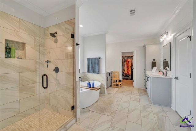 full bath featuring a soaking tub, a shower stall, crown molding, and visible vents