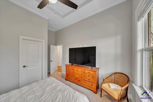 carpeted bedroom featuring a ceiling fan and ornamental molding