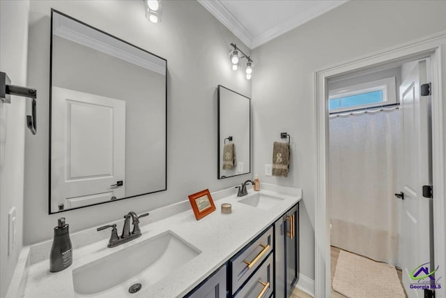 bathroom featuring double vanity, a sink, crown molding, and a shower with curtain