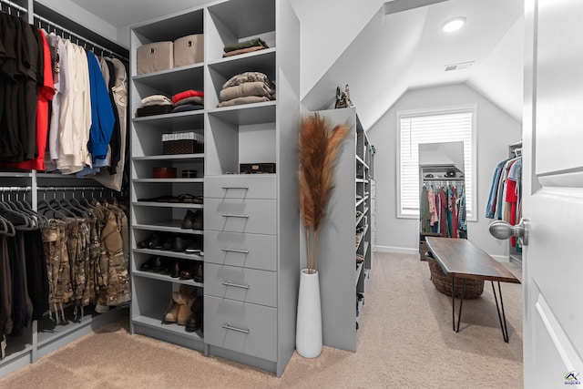 116 Hidesta Ct, Kathleen, GA 31047 - walk in closet with carpet flooring, vaulted ceiling, and visible vents