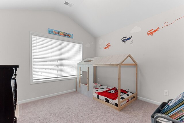 116 Hidesta Ct, Kathleen, GA 31047 - carpeted bedroom with baseboards, lofted ceiling, and visible vents