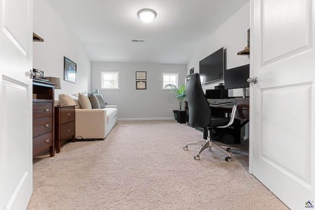 116 Hidesta Ct, Kathleen, GA 31047 - office area featuring light colored carpet, visible vents, baseboards, and vaulted ceiling