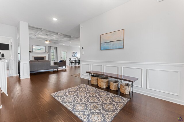 116 Hidesta Ct, Kathleen, GA 31047 - interior space with a decorative wall, wood finished floors, recessed lighting, beam ceiling, and coffered ceiling