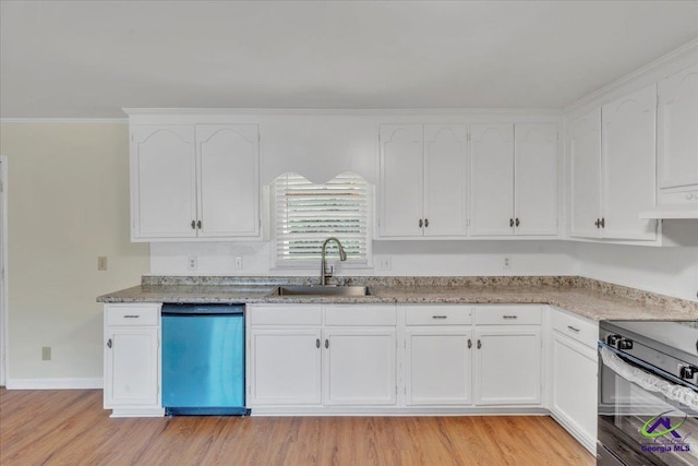 kitchen featuring range hood, a sink, white cabinetry, dishwashing machine, and black / electric stove