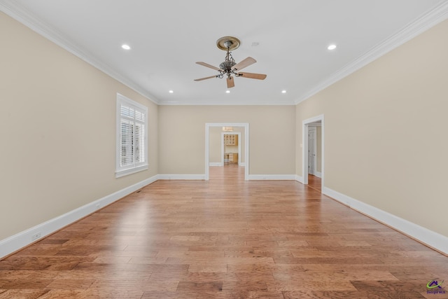 empty room with recessed lighting, ornamental molding, baseboards, light wood-style floors, and a ceiling fan