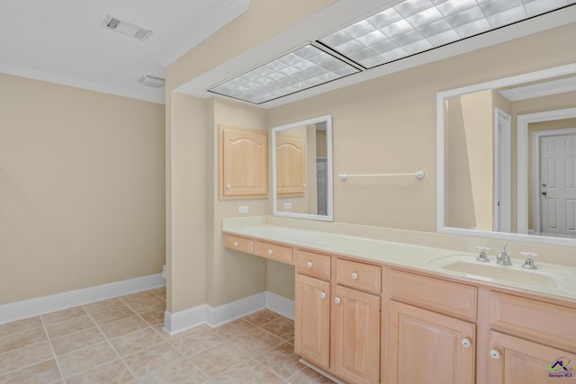 bathroom with vanity, visible vents, tile patterned flooring, and crown molding