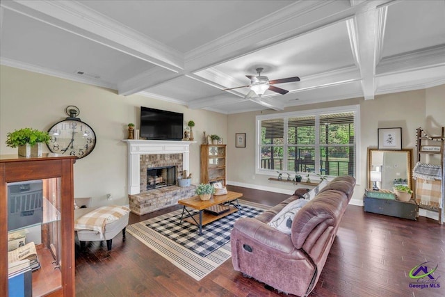 159 Feather Ln, Jackson, GA 30233 - living room featuring coffered ceiling, a brick fireplace, visible vents, and hardwood / wood-style flooring