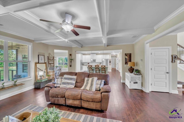 159 Feather Ln, Jackson, GA 30233 - living room featuring dark wood-style flooring, baseboards, a ceiling fan, beamed ceiling, and coffered ceiling
