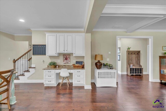 159 Feather Ln, Jackson, GA 30233 - office featuring crown molding, recessed lighting, wood finished floors, built in study area, and baseboards