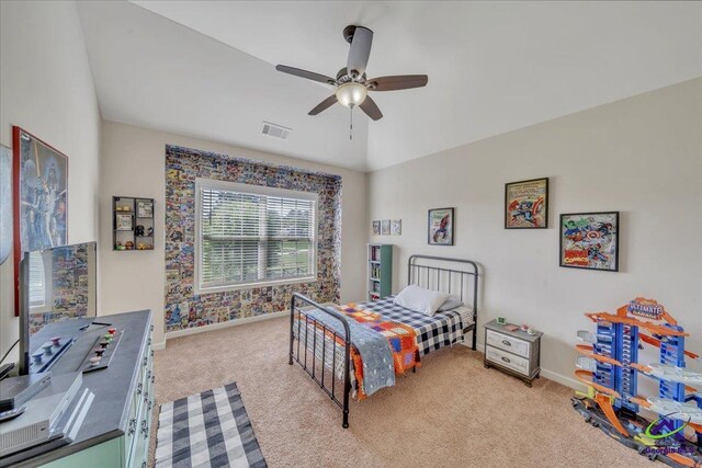 159 Feather Ln, Jackson, GA 30233 - bedroom with visible vents, baseboards, a ceiling fan, and light carpet