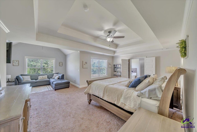 159 Feather Ln, Jackson, GA 30233 - bedroom with ceiling fan, ornamental molding, light carpet, a raised ceiling, and baseboards