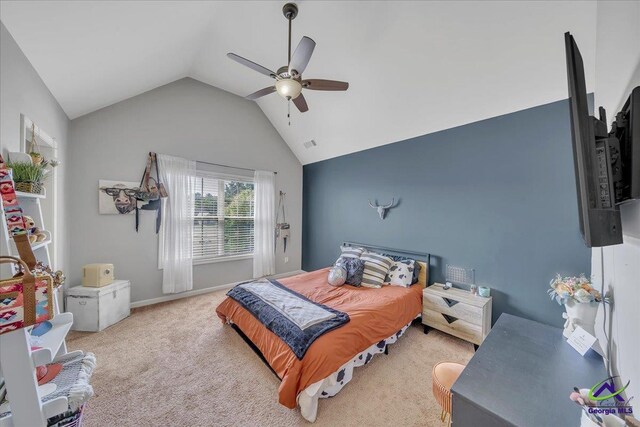 159 Feather Ln, Jackson, GA 30233 - carpeted bedroom featuring visible vents, ceiling fan, and lofted ceiling