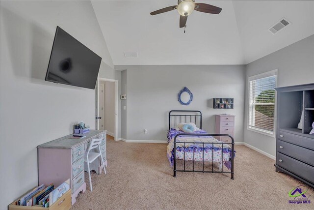 159 Feather Ln, Jackson, GA 30233 - bedroom with visible vents, baseboards, high vaulted ceiling, and carpet flooring
