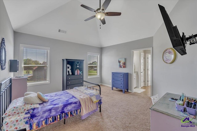 159 Feather Ln, Jackson, GA 30233 - bedroom featuring high vaulted ceiling, multiple windows, light colored carpet, and baseboards