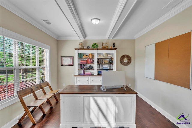 159 Feather Ln, Jackson, GA 30233 - office featuring ornamental molding, baseboards, dark wood-style floors, and visible vents